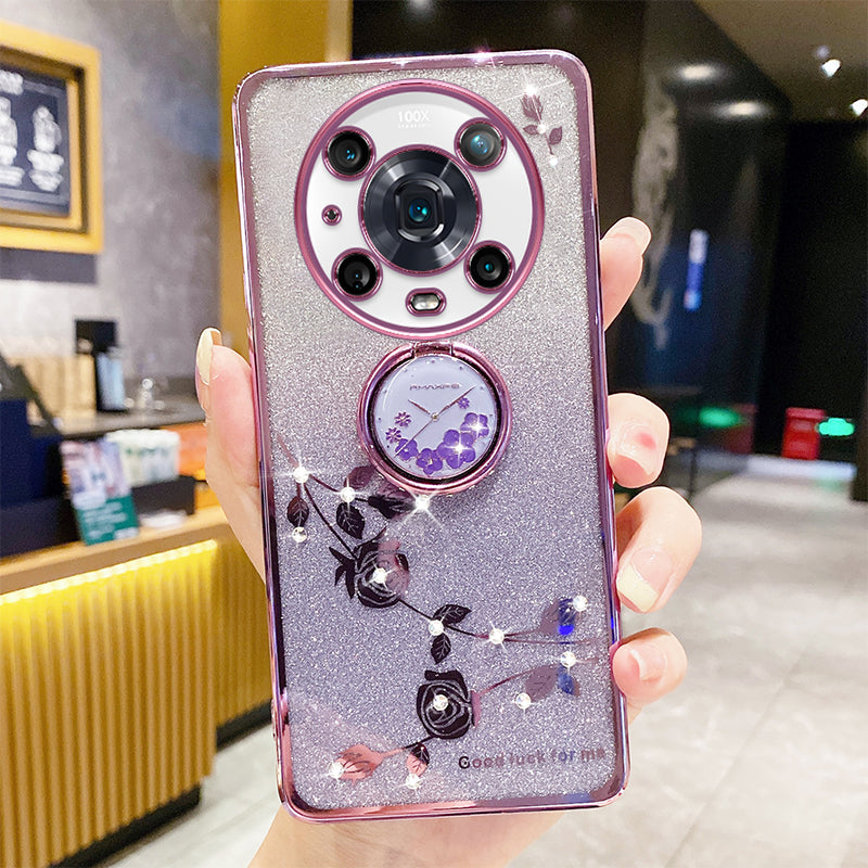 Flower Pattern Gradient Glitter Phone Cover For Honor Magic4 Pro 5G Drop-proof Rhinestone Decor Soft TPU Smartphone Case with Ring Kickstand Flower Pattern Gradient Glitter Phone Cover For Honor Magic4 Pro 5G Drop-proof Rhinestone Decor Soft TPU Smartphone Case with Ring Kickstand